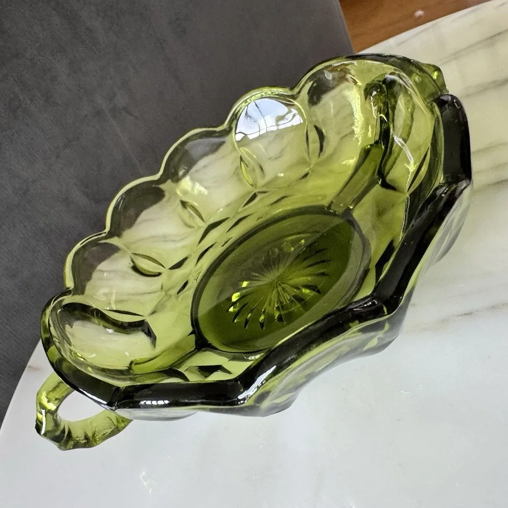 Vintage Fostoria Coin Glass Olive Green Nappy Dish With Handle